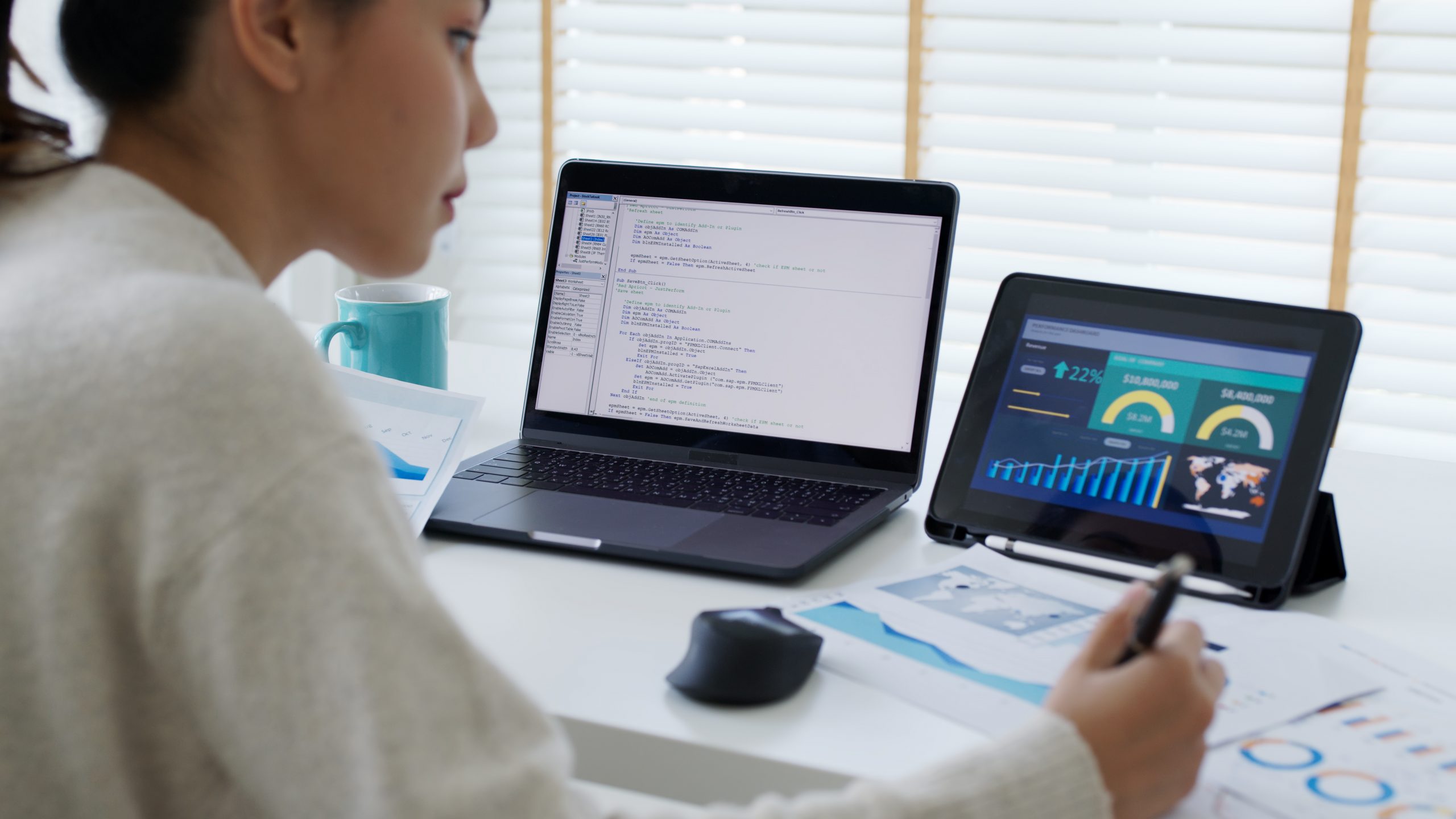 Back rear view of young asian woman, freelance data scientist work remotely at home coding programing on Big data mining, AI data engineering, IT Technician Works on Artificial Intelligence Project.