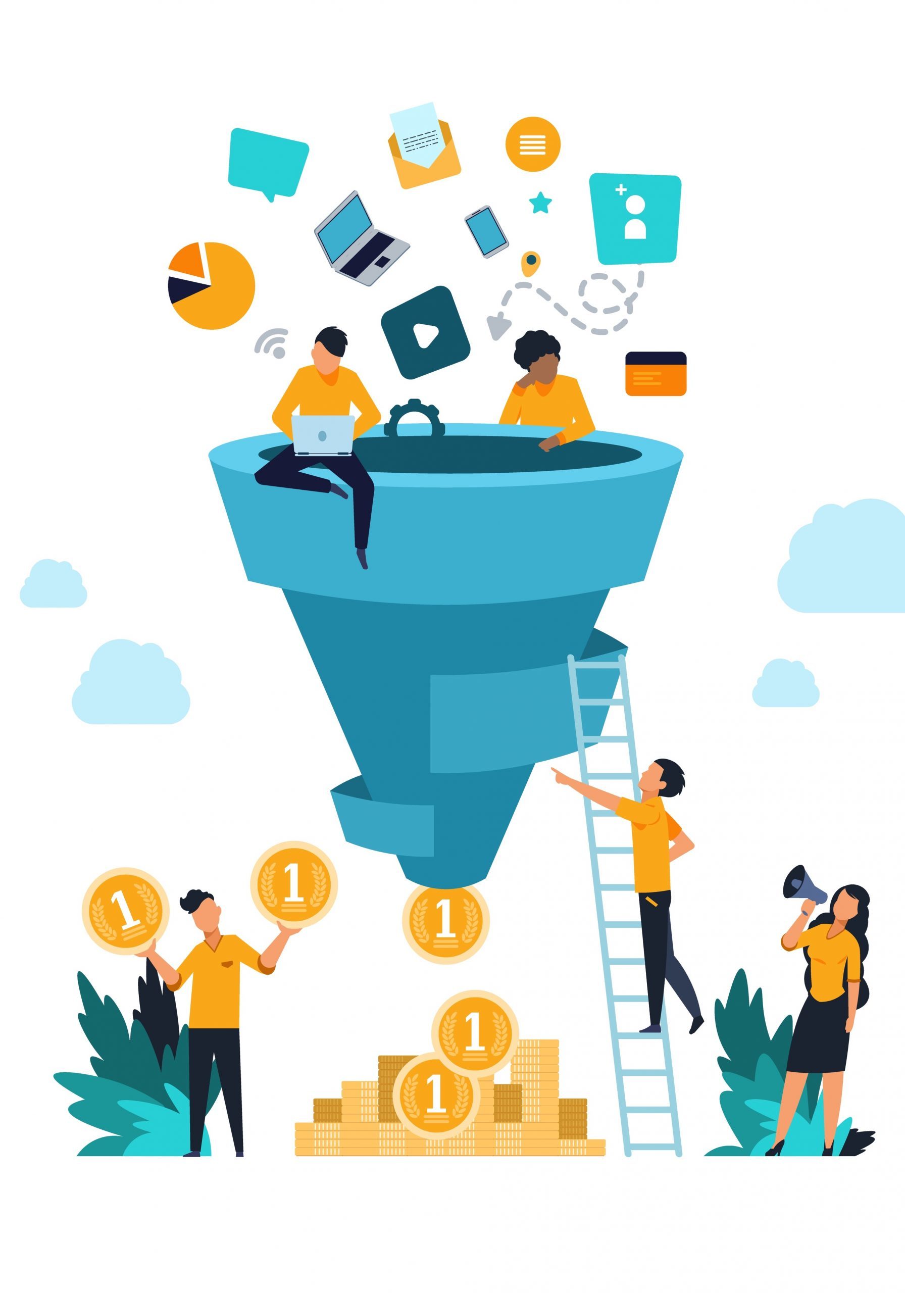 Funnel leads generation. Attracting followers strategy concept with cartoon people and inbound marketing. Vector conversion rate generation flow customer and focus profit