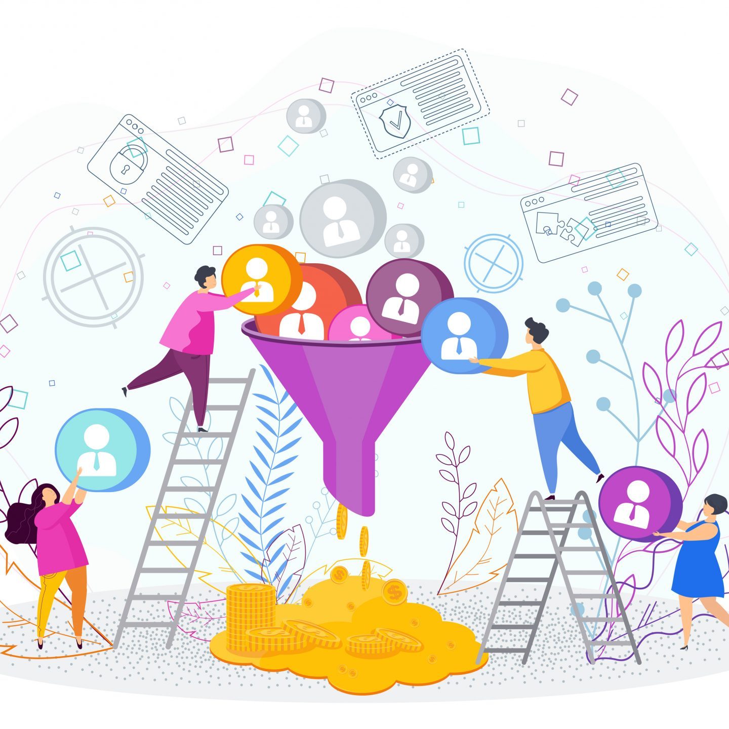 Sales funnel concept. Tiny people work on customer acquisition. Customers make a profit, money. Trendy flat vector style illustration on white background.